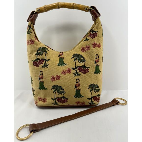 Sunny Hawaii Hula Girl Tapestry Bamboo Handle Shoulder Bag Brown Leather 12x9 - Picture 2 of 16